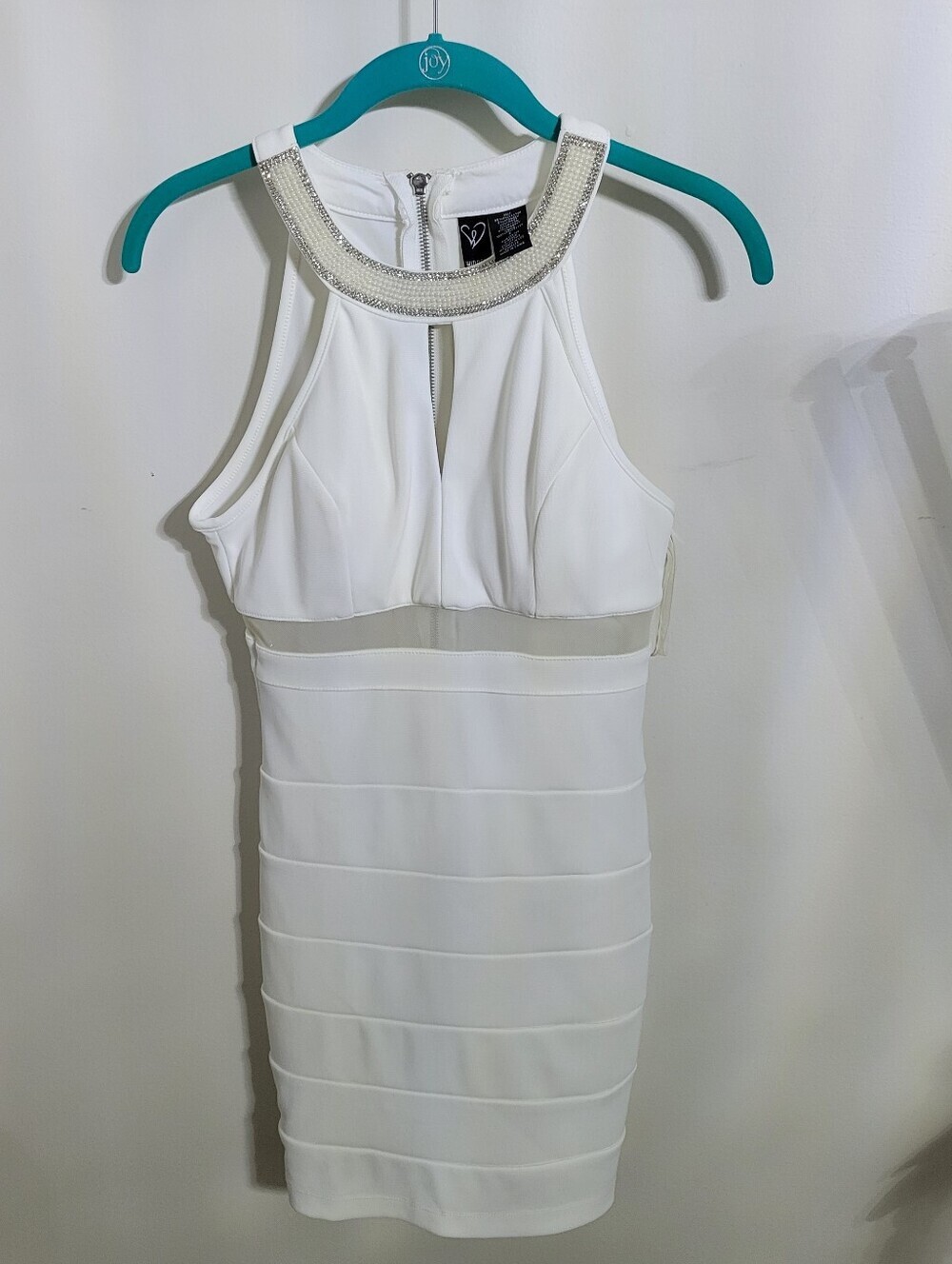 Windsor Bodycon Beaded Collar & Mesh Mini White Dress, Size S